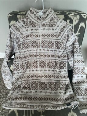 Eddie Bauer White and Brown Patterned Fleece Half-Zip